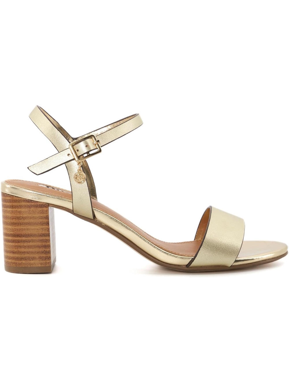 Dune Gold Block Heel Sandal with Ankle Strap